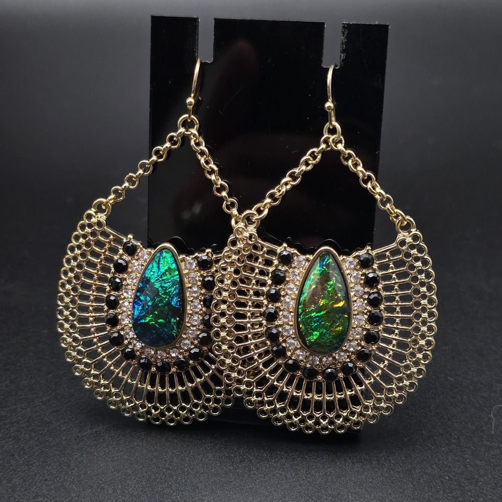 Blue Green Iridescent Earrings GOld Tone Statement Fan Shape